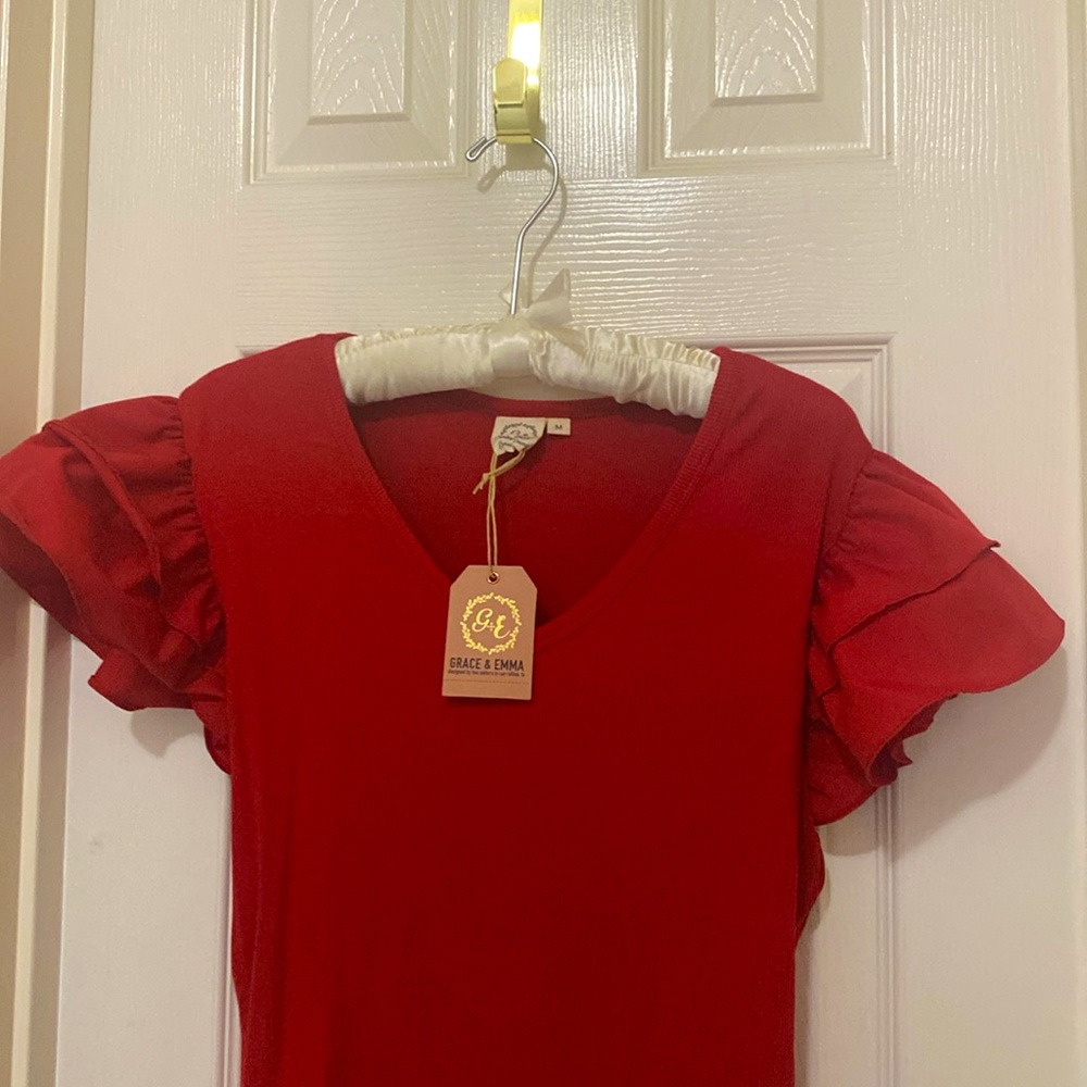 NWT CHIC RED Cotton Bodysuit;Beautiful Double Ruffle Sleeve Details;Size Medium;